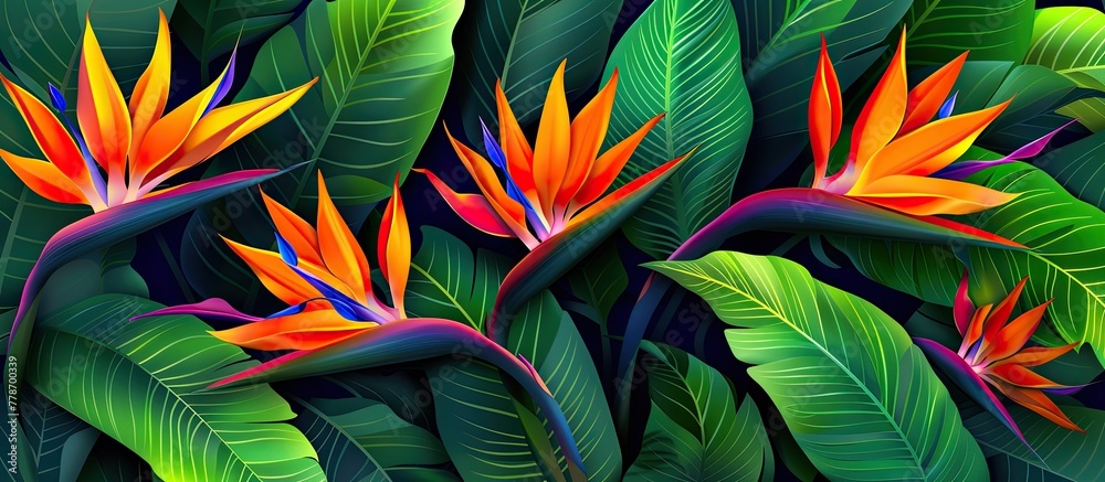 Sticker closeup of a stunning bird of paradise flower with vibrant petals, surrounded by lush green leaves. 