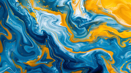 Abstract blue and yellow marble background with fluid acrylic paint swirls - obrazy, fototapety, plakaty