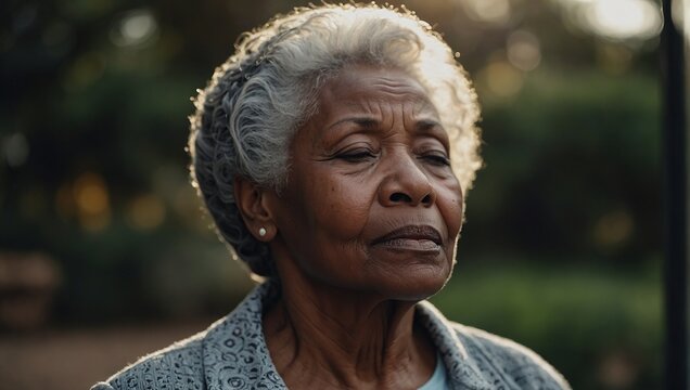 Grateful Senior African American woman closing eyes in Spiritual contemplation standing outside, close-up face of one black elderly gray hair lady in 80s feeling presence of GOD - Powered by Adobe