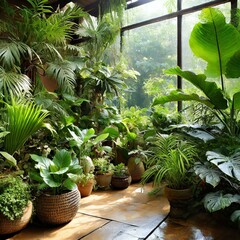 plants in a greenhouse.an indoor jungle scene filled with lush greenery, featuring a variety of potted plants such as ferns, palms, and succulents arranged harmoniously within a sunlit room. Capture t