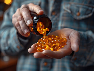Overhead View of Abundant Amber Glass Bottle Pouring Gelatin Capsules or Softgels into Hands for Natural Herbal Supplement or Homeopathic Medicine