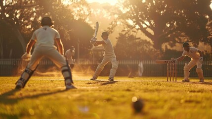 Cricketer batsman hitting a Reverse Sweep during a match on the pitch. Cricket game players on sporty field. Professional sport stadium. Active training. People playing with ball. Sportsmen tournament