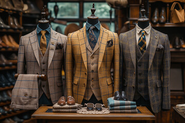 gold suits on mannequins in an old fashioned tailor store  - obrazy, fototapety, plakaty