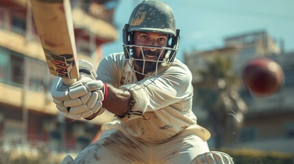 Cricketer batsman hitting a Reverse Sweep during a match on the pitch. Cricket game players on sporty field. Professional sport stadium. Active training. People playing with ball. Sportsmen tournament - obrazy, fototapety, plakaty