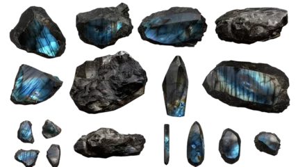 Poster Labradorite digital art in 3D, showcasing a vibrant blue and green iridescent gemstone isolated on a transparent background. A top view flat lay of a mystical and shiny mineral with a unique and elega © Spear