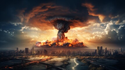 Nuclear explosion with mushroom cloud over urban landscape - obrazy, fototapety, plakaty