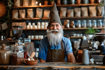 Cheerful Gnome Barista Serving Patrons in Cozy Neighborhood Cafe