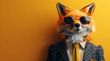 Stylishly Dressed Red Fox Wearing Sunglasses and Suit with Tie on Vibrant Background