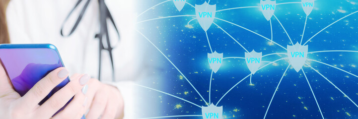 VPN for mobile phone, hand holding smartphone, secure digital network,Element of the image provided...