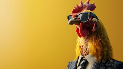 Fashionable Poultry in Vibrant Digital of Chicken Wearing Sunglasses and Suit - obrazy, fototapety, plakaty