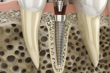 Close Up Cutaway View of Dental Implant Embedded in Jawbone with Abutment and Prepared Area for Prosthetic Tooth Placement