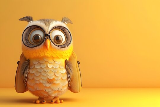Cheerful Cartoon Owl with Backpack on Vibrant Yellow Background D Rendered of Happy School Character