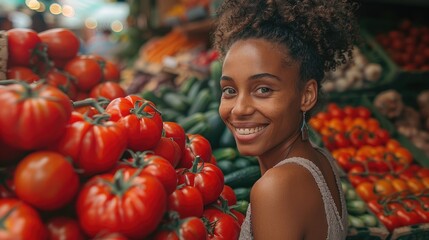 Cheerful young woman with curly hair smiling beside of fresh tomatoes at a local market. Generative AI - obrazy, fototapety, plakaty