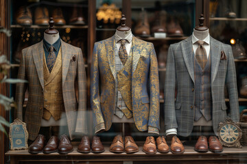 gold suits on mannequins, wide range of options, in an old fashioned tailor store - obrazy, fototapety, plakaty