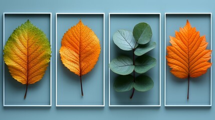four different types of leaves in a row on a blue and white surface with a light blue back ground and a light blue back ground.