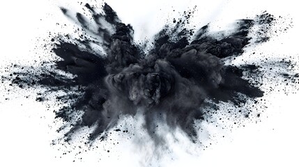 Dramatic Explosion of Bright Black Powder on White Background Capturing Intense Energy and Chaos