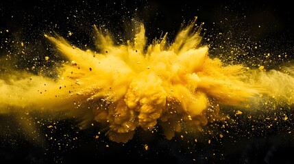 Explosive Burst of Vibrant Yellow Powder Erupting Against Dramatic Black Background - obrazy, fototapety, plakaty