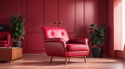 Living Room Mordern Interior Of Leather Pink Color Arm Chair On Tiles Floor-3