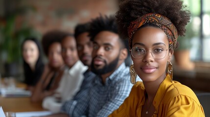 a group of people sitting at a table with a woman in front of them and a man in the background. - obrazy, fototapety, plakaty