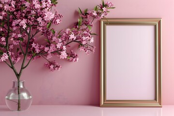 Empty Photo Frame Mock up with Blooming Floral Decor on Pastel Pink Wall