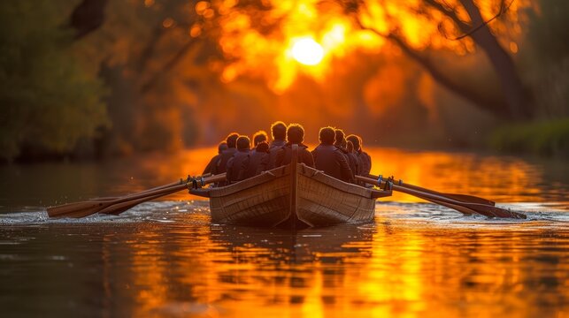 a group of people riding on the back of a boat on a body of water in front of a setting sun.