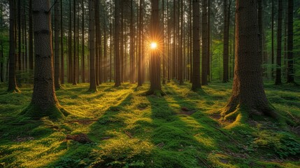 the sun shines through the trees in a forest filled with green grass and tall, thin, thin trees.