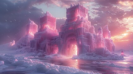 Glacier castle with ice shard gates mystical entrance - obrazy, fototapety, plakaty