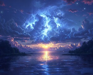 Lagoon where serene lightning sketches across the sky