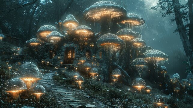 Moon Library bioluminescent fungi lighting ancient scripts