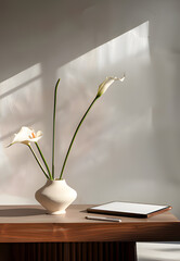 Showcasing natural elegance, these sculptural flowers stand poised in a contemporary vase, their delicate form a study in sophisticated simplicity. The gentle interplay of shadow and light enhances th