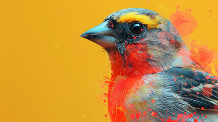A vibrant bird perches gracefully against a radiant yellow backdrop, showcasing nature's palette.