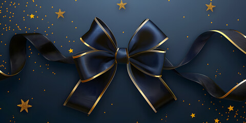 Black bow with gold stars on a dark background. 3d rendering.Golden Stars Adorning a Luxurious Navy Blue Ribbon Bow