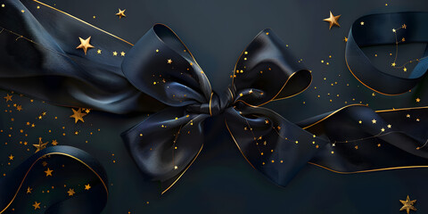 Black bow with gold stars on a dark background. 3d rendering.Golden Stars Adorning a Luxurious Navy Blue Ribbon Bow - obrazy, fototapety, plakaty