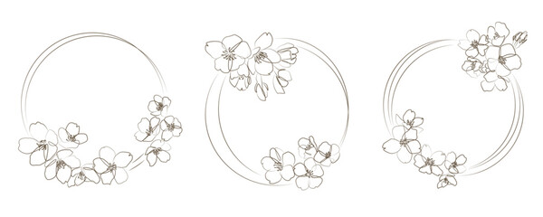 Set of floral wreath. Cherry blossom flowers decoration wreath collection. Flower round frames. Vector illustration.