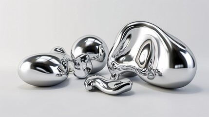 3D Metallic abstract liquid forms. Inflated metal items. Lifelike rendered elements collection.