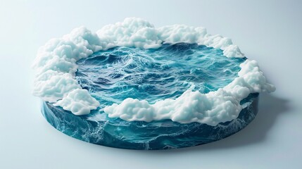 3D Isometric azure sea with surfing waves backdrop, vast sea vista with ocean surface and underwater scene, 3D illustration of isolated circular sea with surging waves and sky.