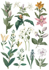 This artistic flora collection showcases a variety of botanical elements in a watercolor style, each piece contributing to a sophisticated bouquet of natural elegance. Ideal for decorative plant illus