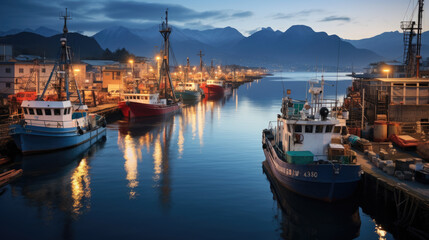 boats anchored in front of village at dusk. AI generated. - obrazy, fototapety, plakaty