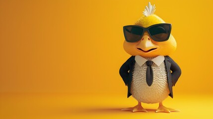 A Stylishly Dressed Chick Sporting Sunglasses on a Vibrant Backdrop