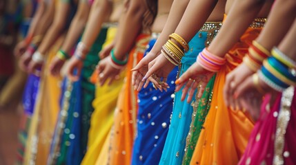 Vibrant-costumed Bollywood dancers stand in a line with hands held.