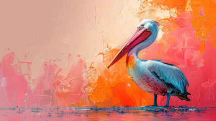 A vivid painting captures a pelican in stance, set against a backdrop bursting with vibrant hues.