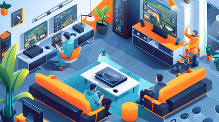 An isometric illustration of game developers testing games in a studio setting - obrazy, fototapety, plakaty