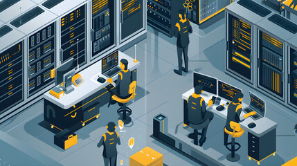 An isometric illustration of network engineers configuring networks in a server room