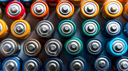 Close-up of colorful batteries, creating an energetic abstract background of power sources