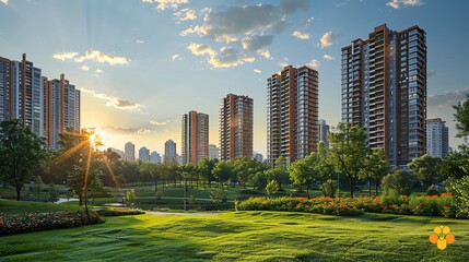 Urban landscape showcasing contemporary apartment complexes and lush greenery in a residential district.