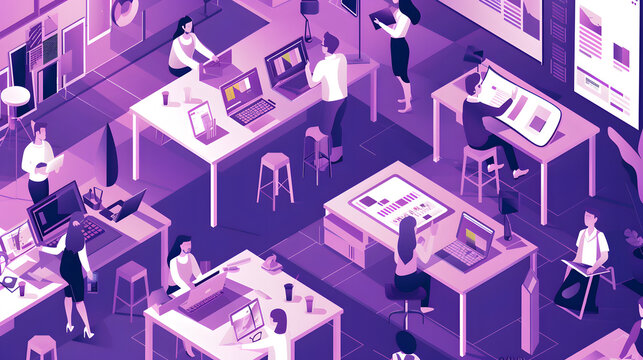 An isometric illustration of web designers creating websites in a creative agency