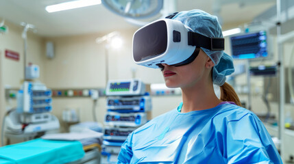 Fototapeta na wymiar Female medical professional in blue scrubs using VR headset in high-tech operating room environment