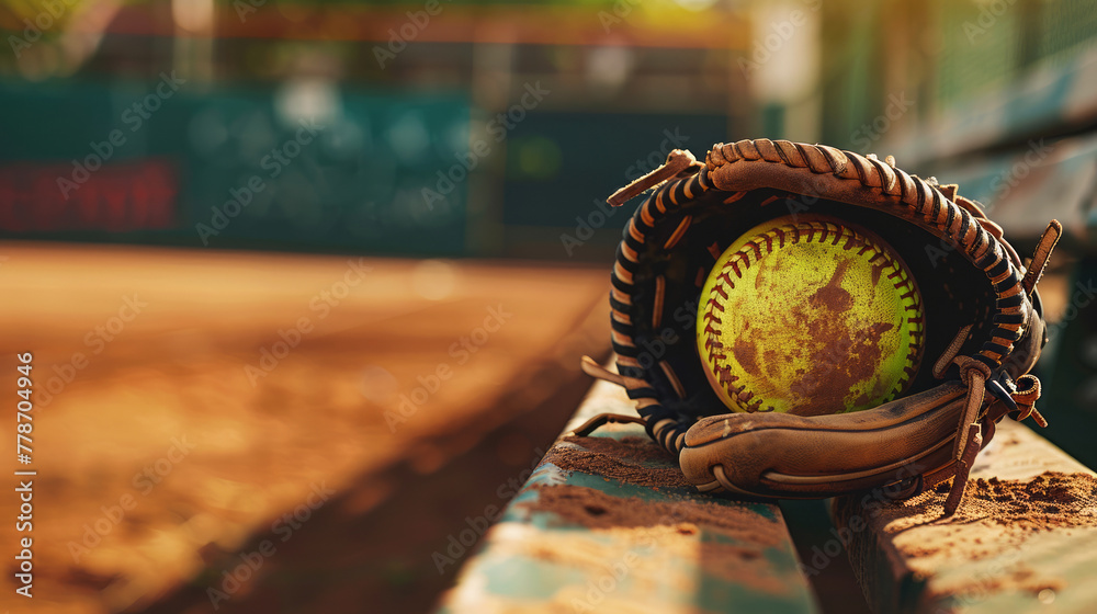 Poster weathered softball and gloves on the field, a nostalgic sports background