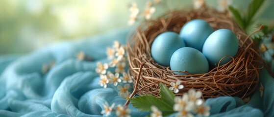 a nest filled with blue eggs sitting on top of a bed of blue fabric next to a branch with white flowers.