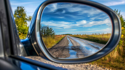 Country road seen through car's side mirror after the rain